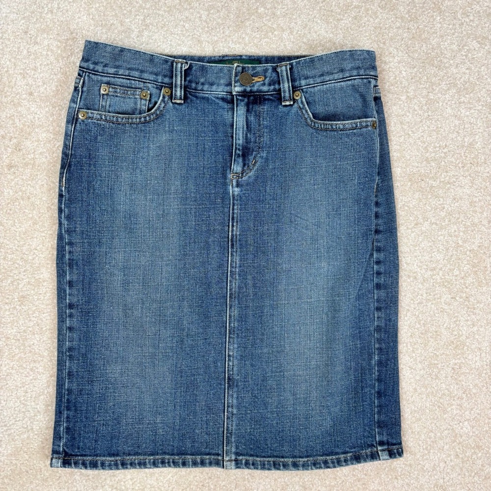 Lauren Ralph Lauren Blue Denim Pencil Skirt Medium Wash Petite 2P Back Slit